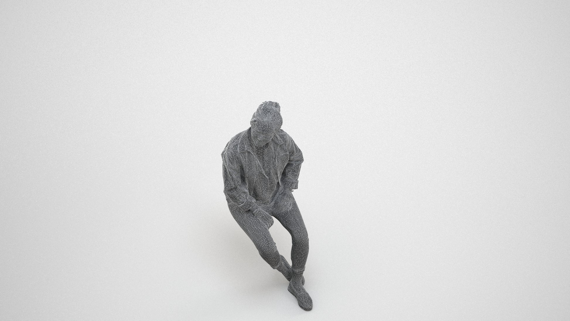 photogrammetry 3D woman casual sitting, realistic human model archviz FBX, wireframe three-quarter view