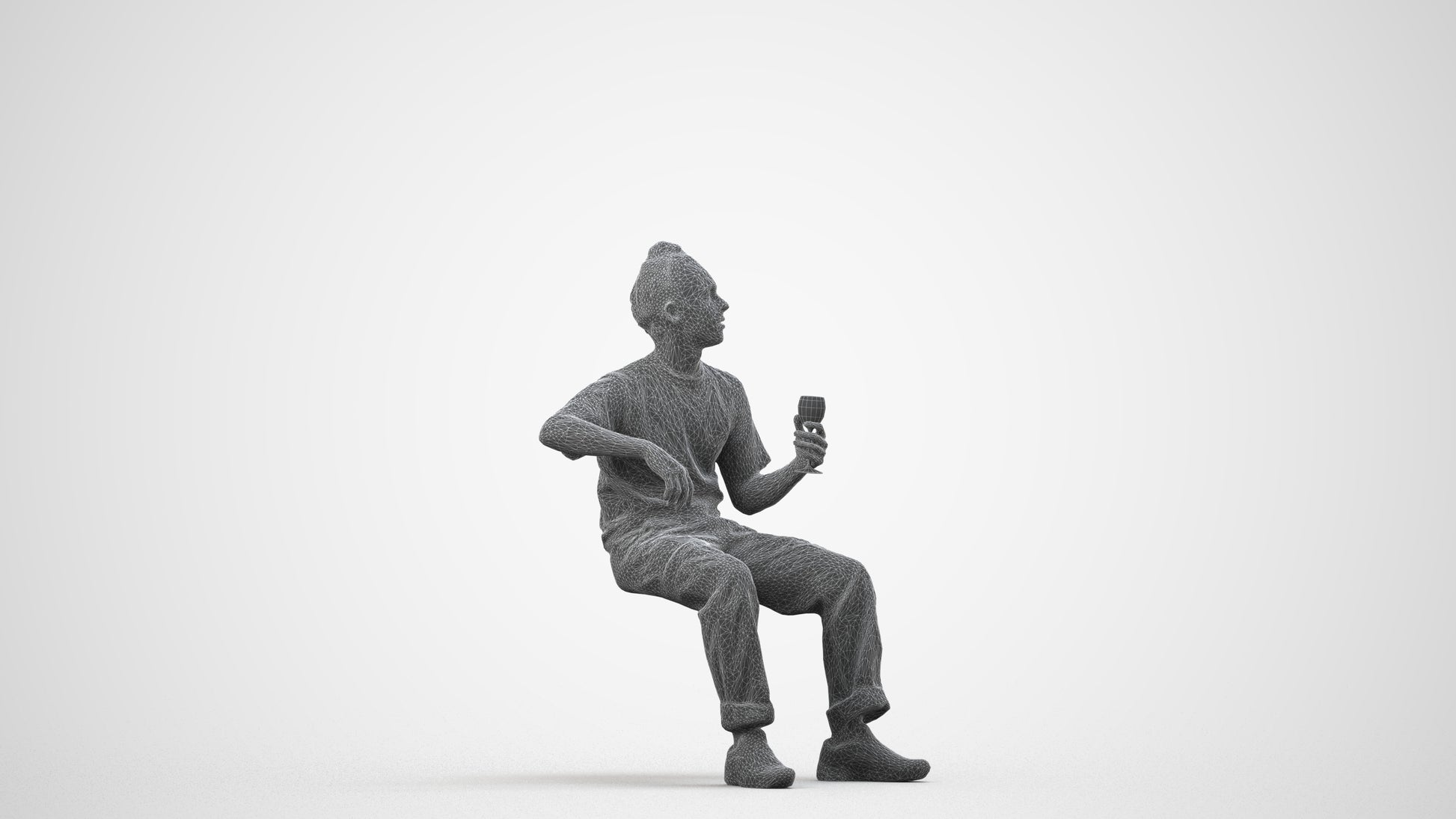 3D human model man casual sitting, photogrammetry scanned person for archviz, wireframe side view