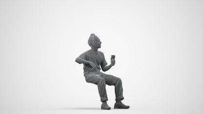 3D human model man casual sitting, photogrammetry scanned person for archviz, wireframe side view