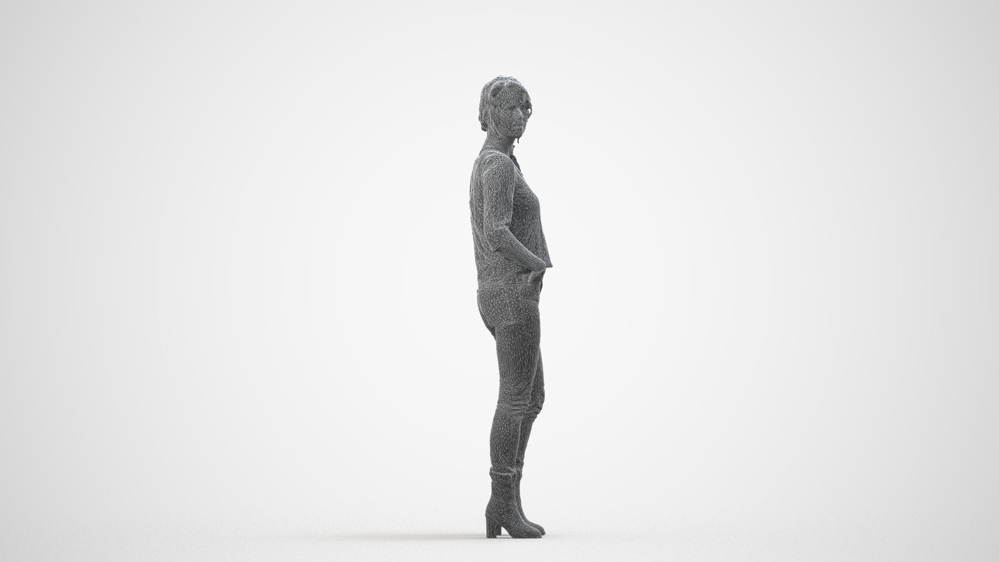 scanned 3D woman casual standing, photogrammetry people for Enscape and V-Ray, wireframe side view