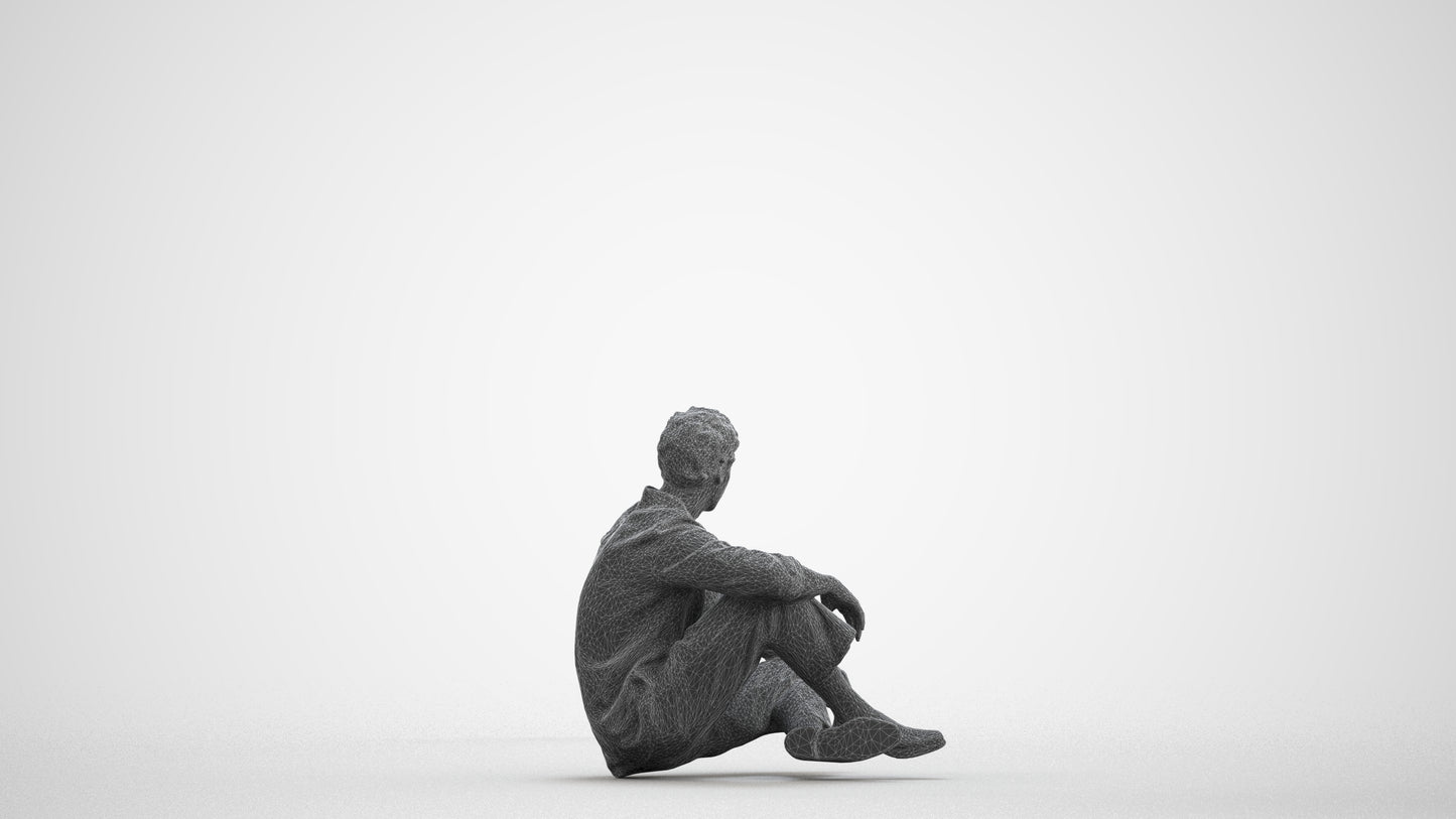 scanned 3D man casual sitting, photogrammetry people for Enscape and V-Ray, wireframe front view