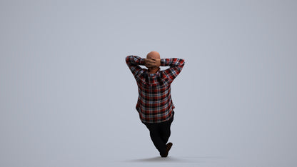 3D human model senior man casual sitting, photogrammetry scanned person for archviz, front view render
