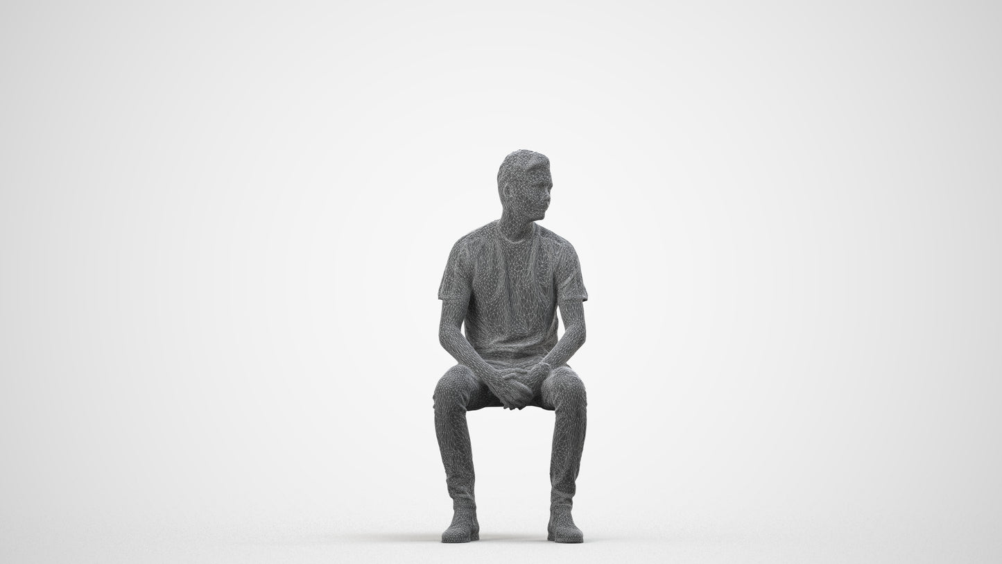 realistic 3D human man casual sitting, archviz people FBX OBJ for Blender, wireframe side view