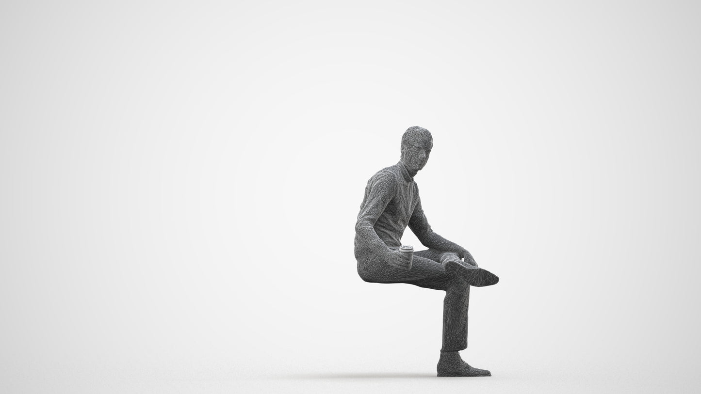 realistic 3D man casual sitting, scanned archviz people for Blender and 3ds Max, wireframe side view