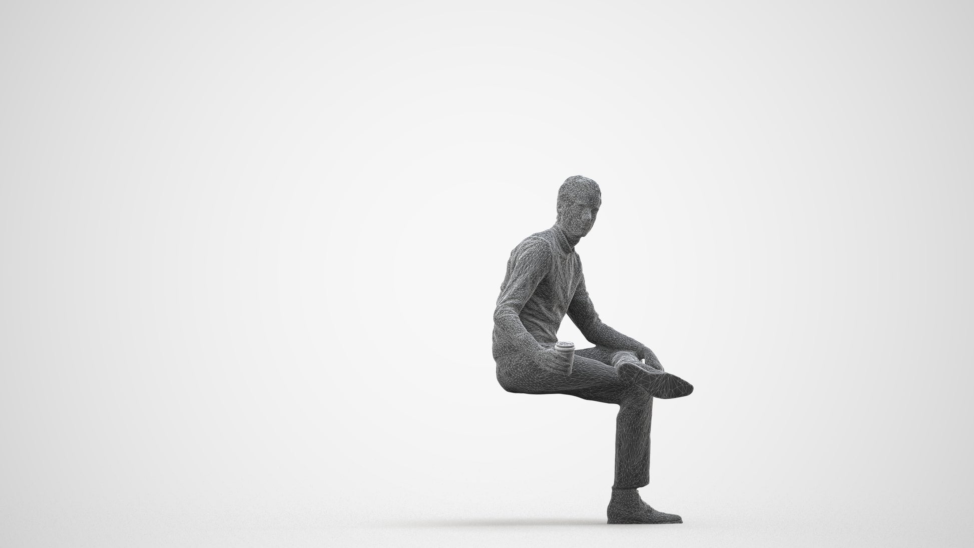 realistic 3D man casual sitting, scanned archviz people for Blender and 3ds Max, wireframe side view