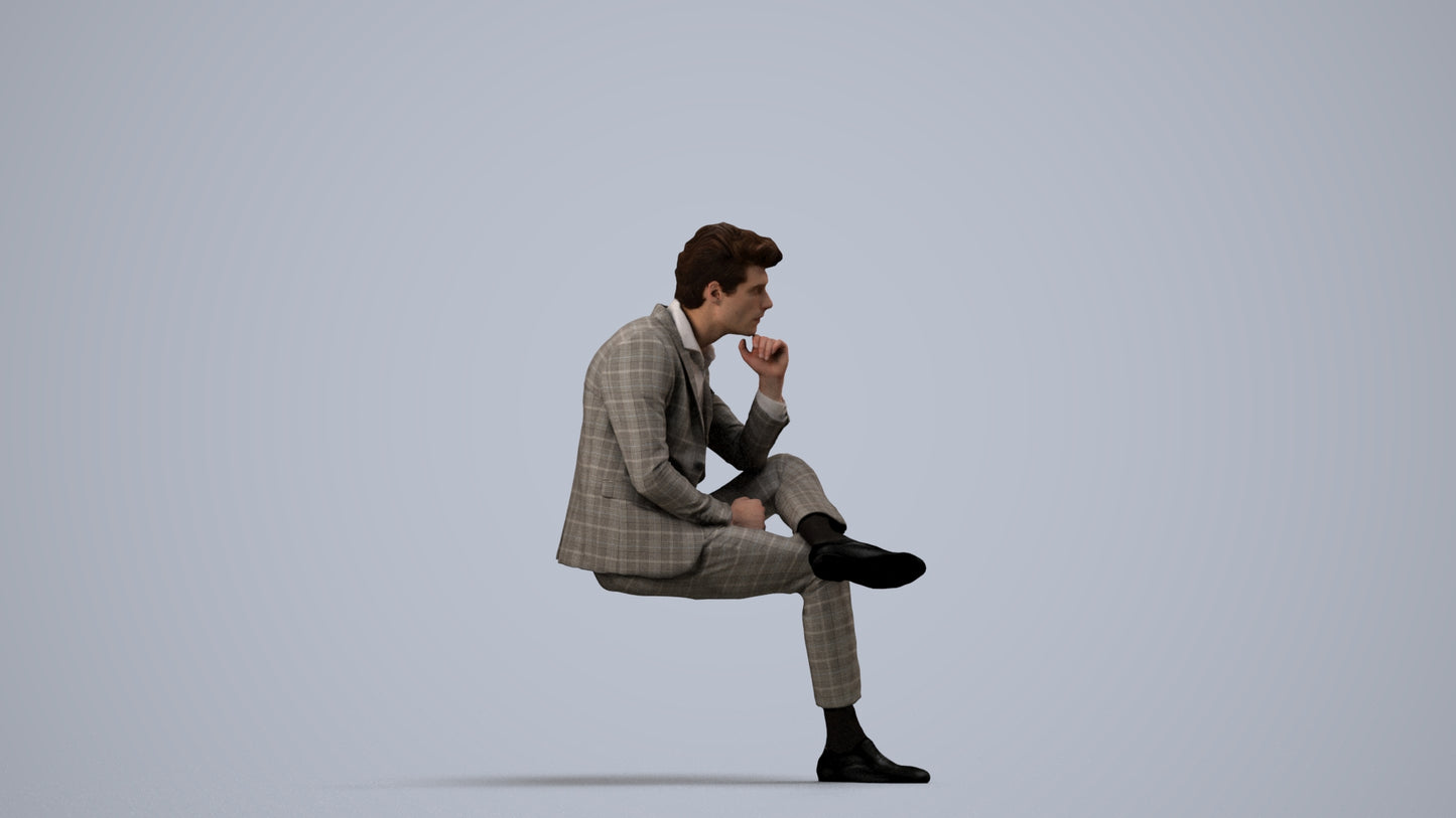 3D human model man business, photogrammetry scanned person for archviz, side view render