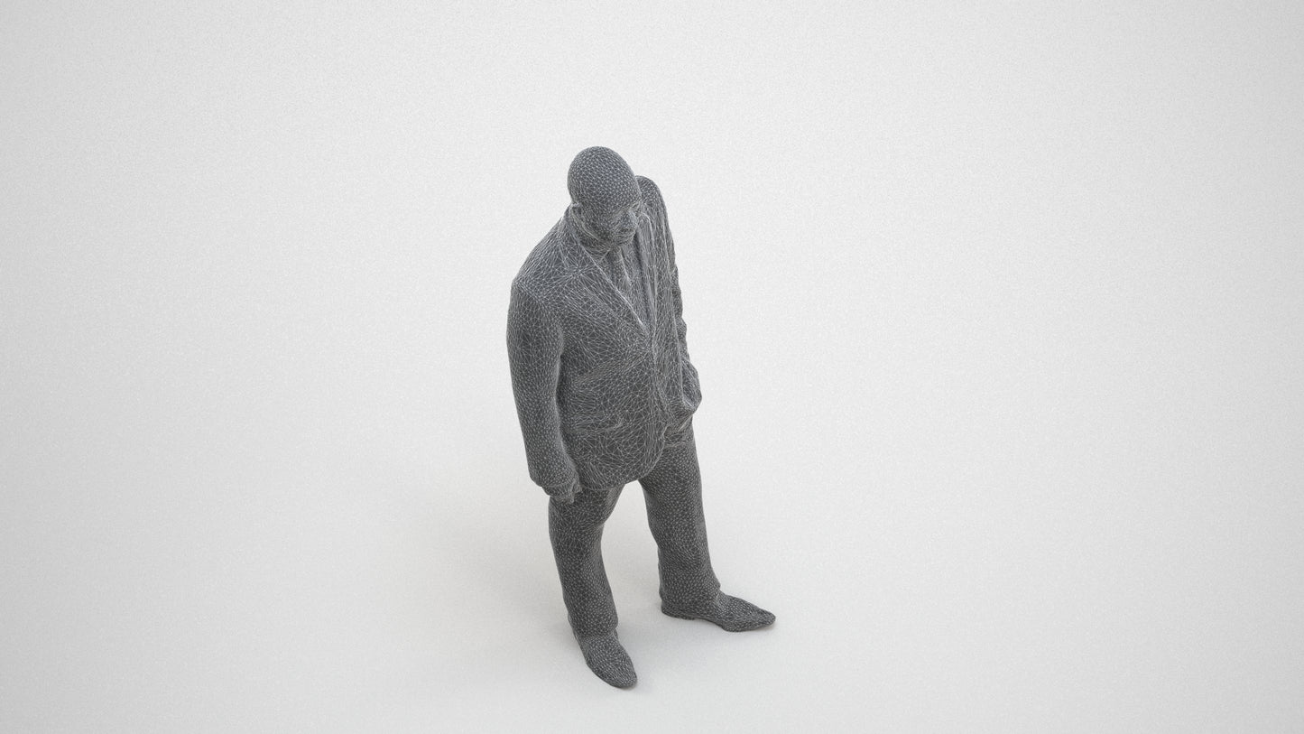 3D human model man business, photogrammetry scanned person for archviz, wireframe three-quarter view