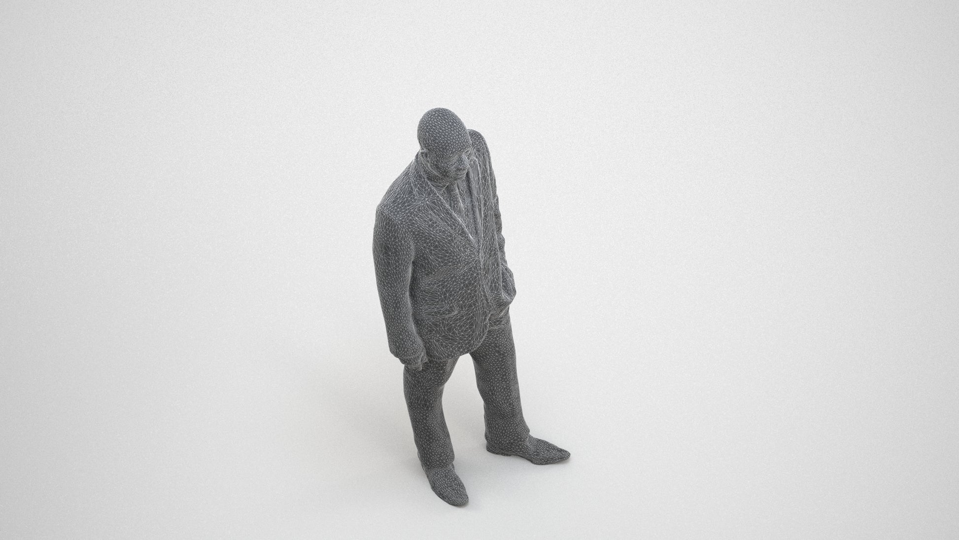 3D human model man business, photogrammetry scanned person for archviz, wireframe three-quarter view