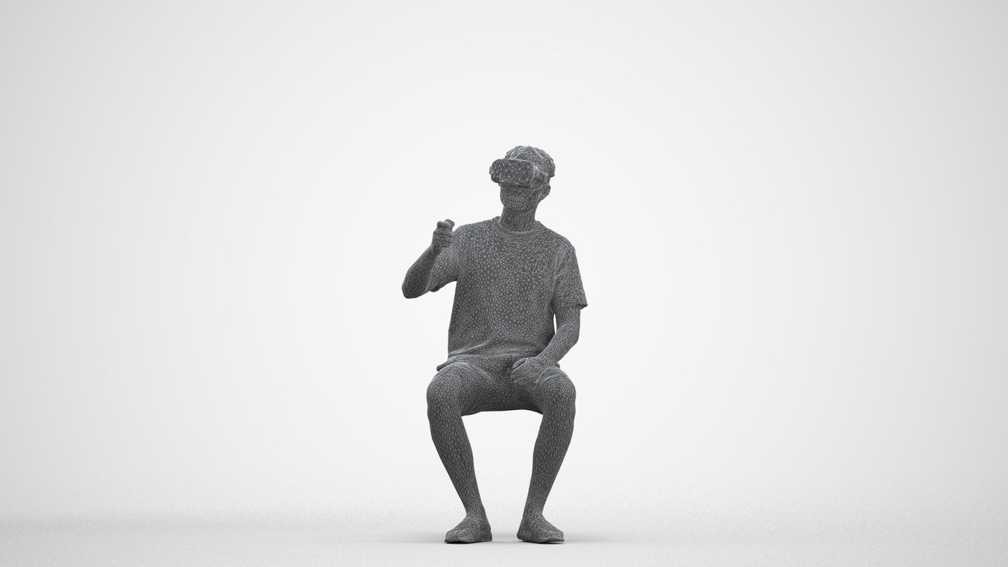 3D human model man casual sitting, photogrammetry scanned person for archviz, three-quarter front view render