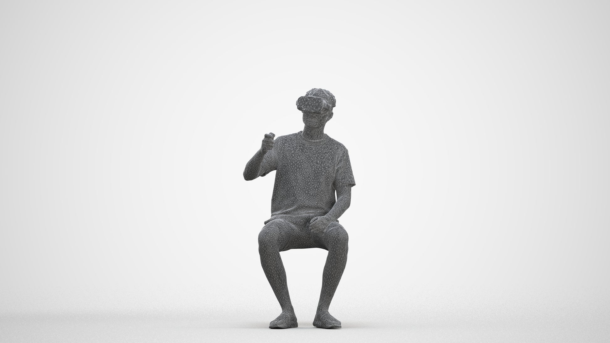 3D human model man casual sitting, photogrammetry scanned person for archviz, three-quarter front view render
