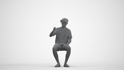 3D human model man casual sitting, photogrammetry scanned person for archviz, three-quarter front view render