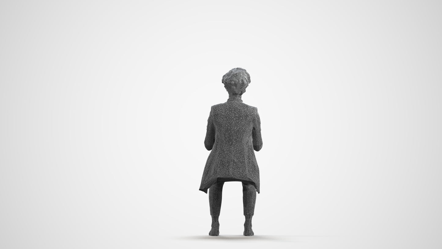 realistic 3D human woman business sitting, archviz people FBX OBJ for Blender, wireframe front view