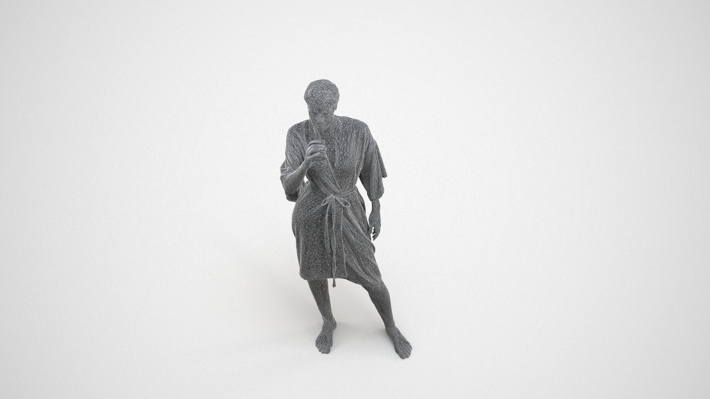 realistic 3D human woman bathroom, archviz people FBX OBJ for Blender, wireframe three-quarter view