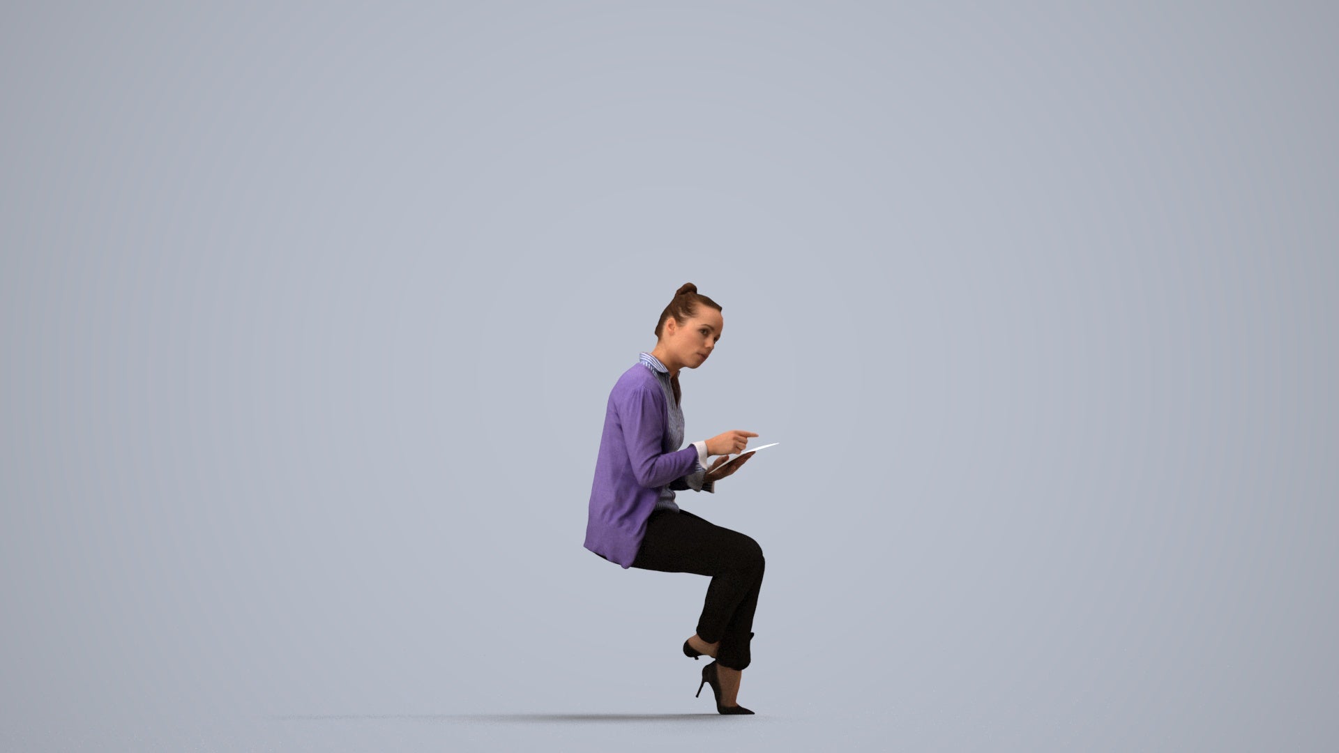 realistic 3D woman business sitting, scanned archviz people for Blender and 3ds Max, side view render