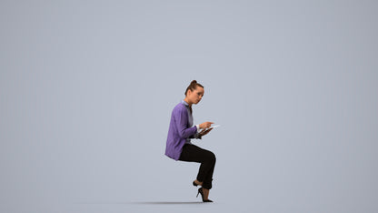 realistic 3D woman business sitting, scanned archviz people for Blender and 3ds Max, side view render
