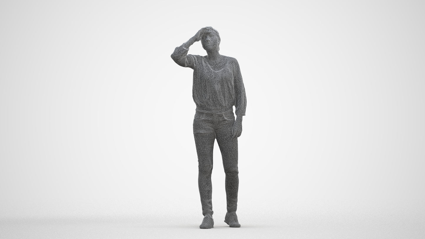 3D scanned woman standing casual, photorealistic archviz people for Enscape and SketchUp, three-quarter front view render
