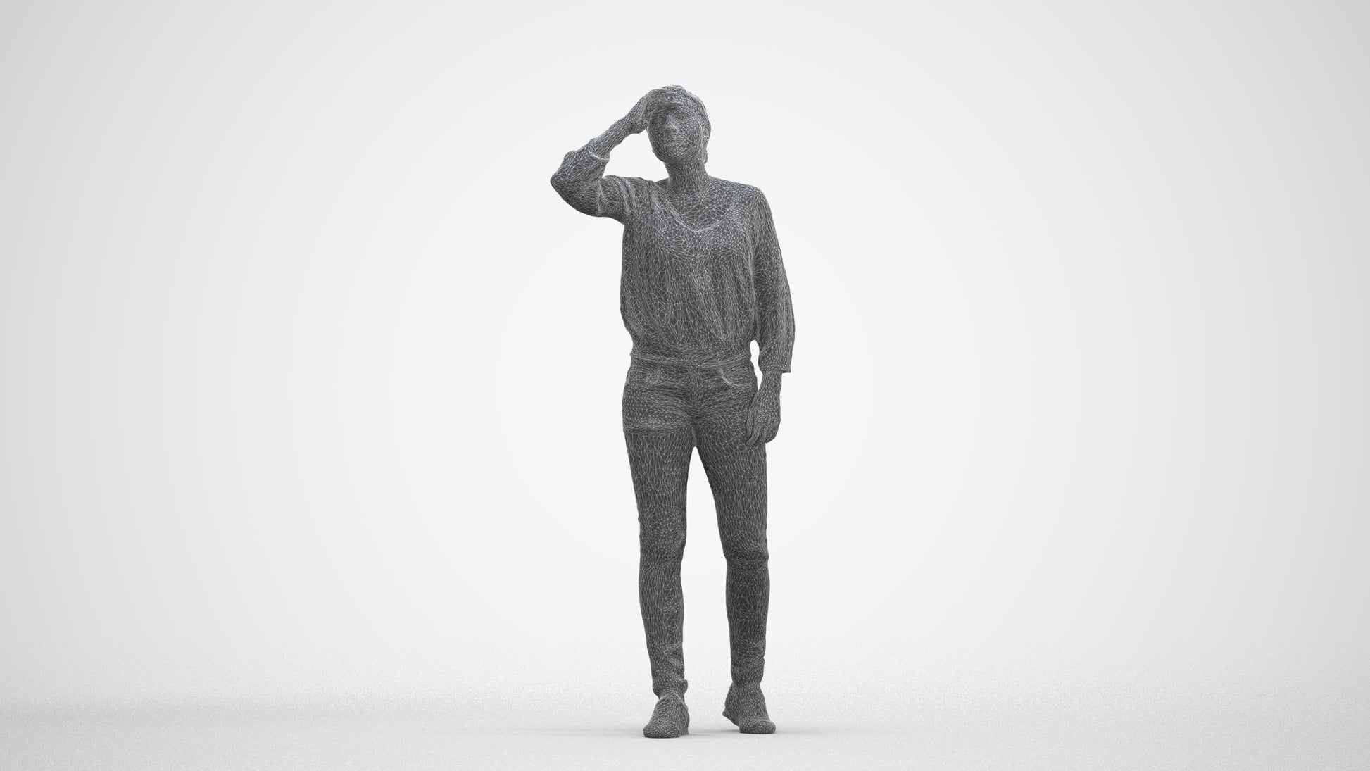3D scanned woman standing casual, photorealistic archviz people for Enscape and SketchUp, three-quarter front view render
