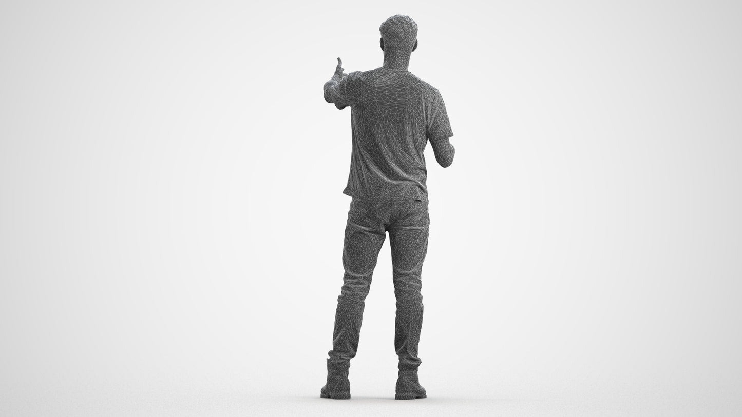 realistic 3D man casual standing, scanned archviz people for Blender and 3ds Max, wireframe front view