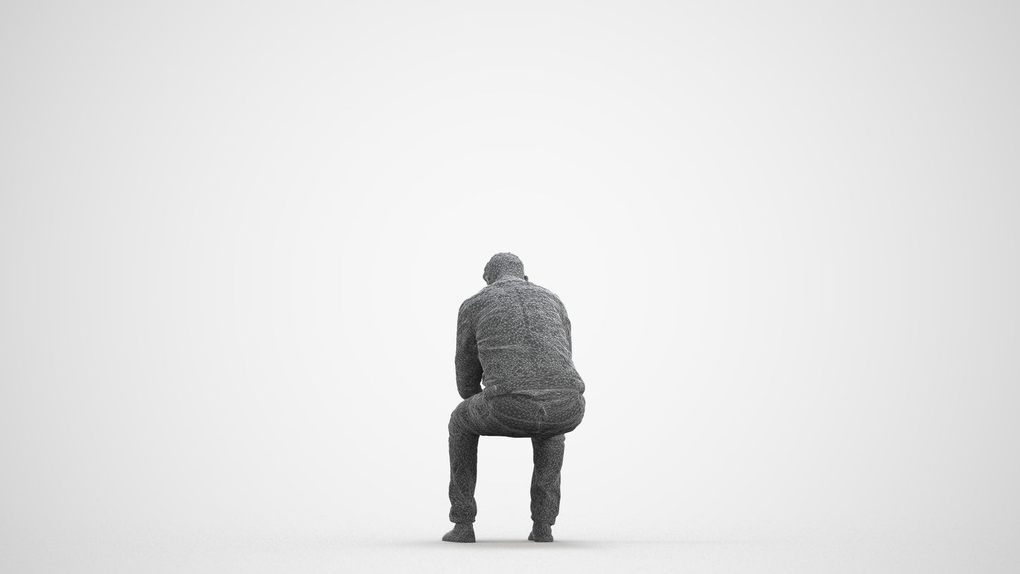 realistic 3D human man casual sitting, archviz people FBX OBJ for Blender, wireframe front view
