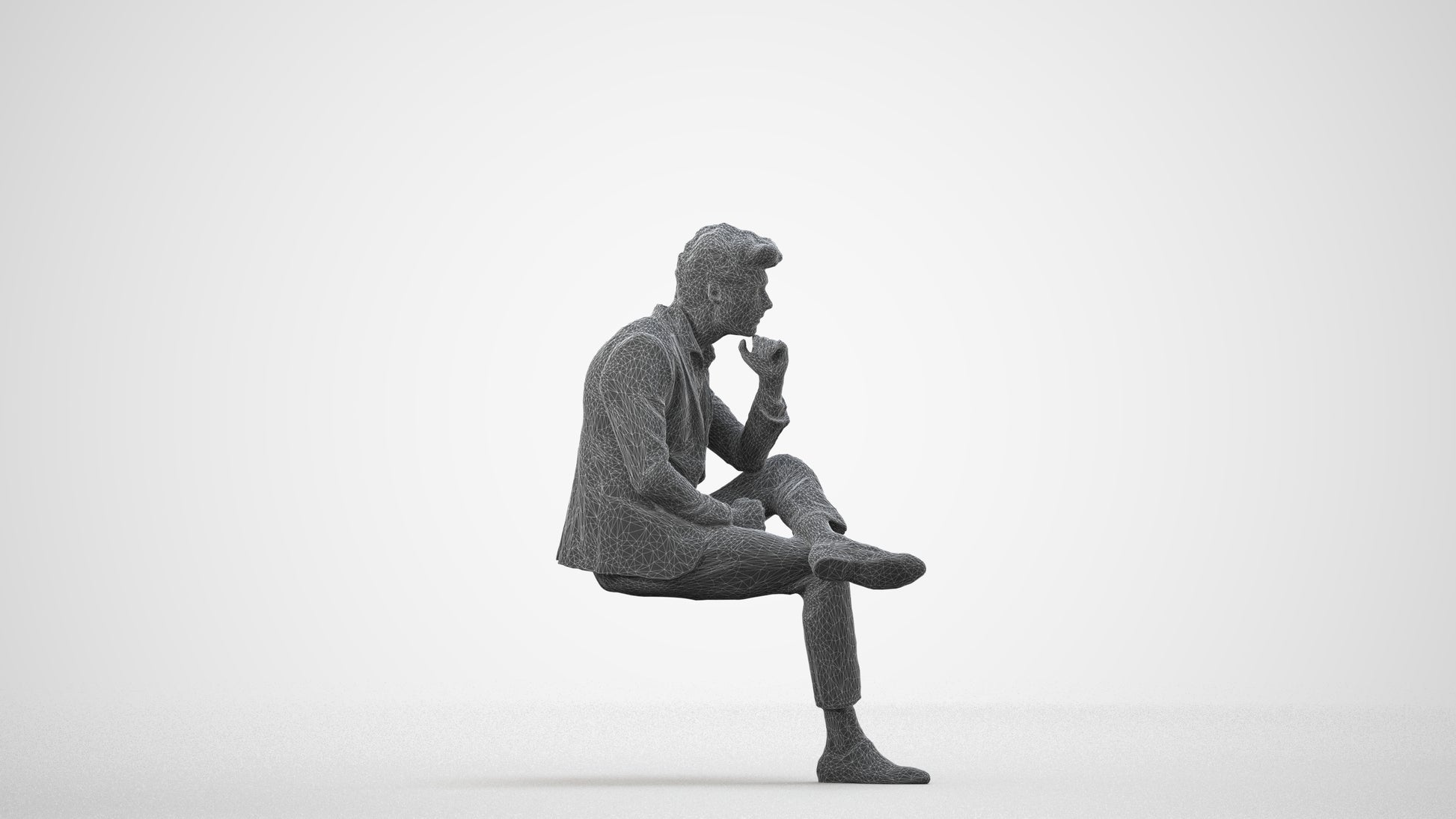 3D human model man business, photogrammetry scanned person for archviz, wireframe side view
