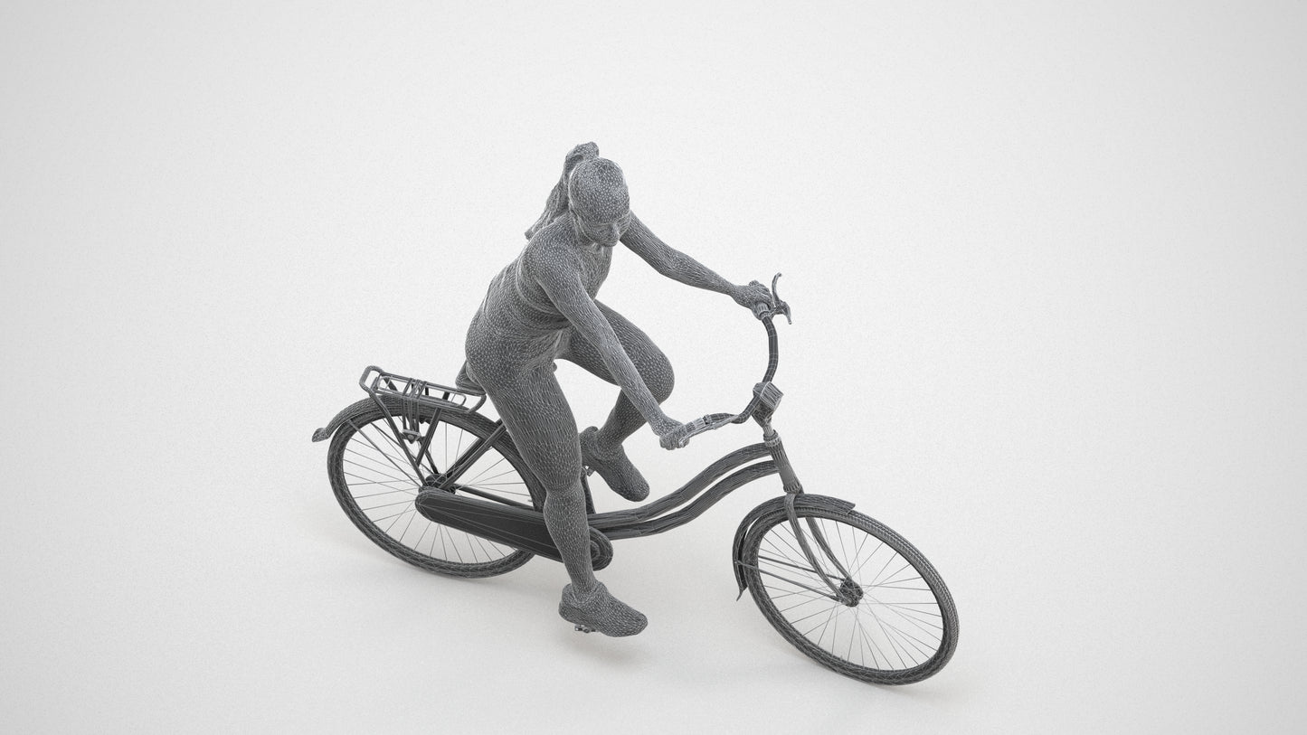 realistic 3D people woman sport cycling, render-ready for V-Ray and Corona, FBX OBJ, wireframe three-quarter view