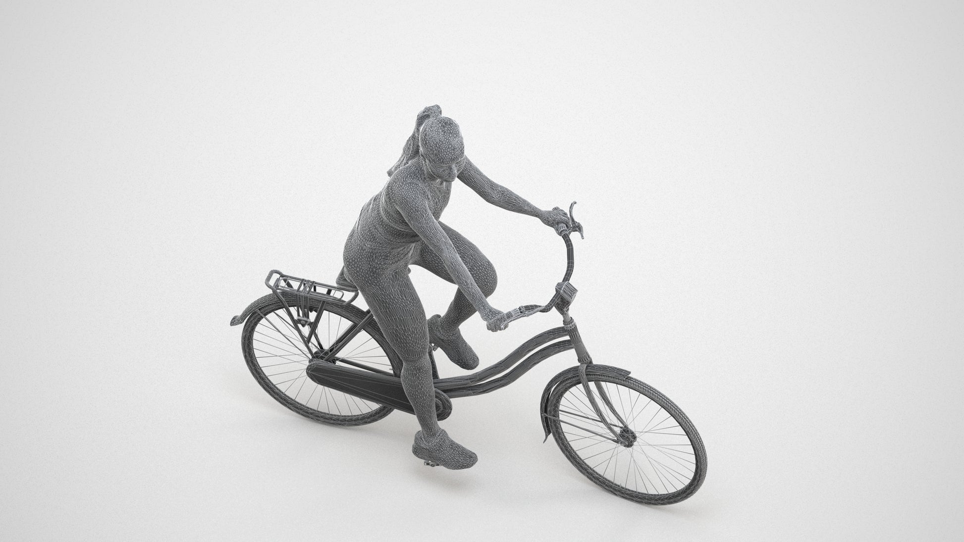 realistic 3D people woman sport cycling, render-ready for V-Ray and Corona, FBX OBJ, wireframe three-quarter view