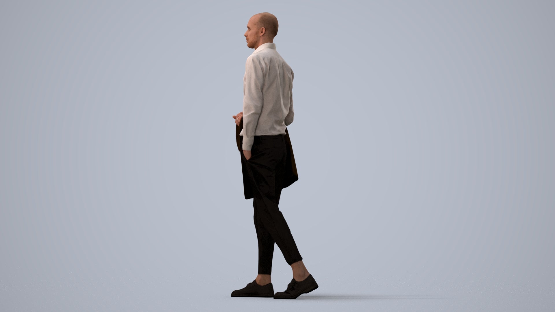 photogrammetry 3D man business walking, realistic human model archviz FBX, three-quarter view render