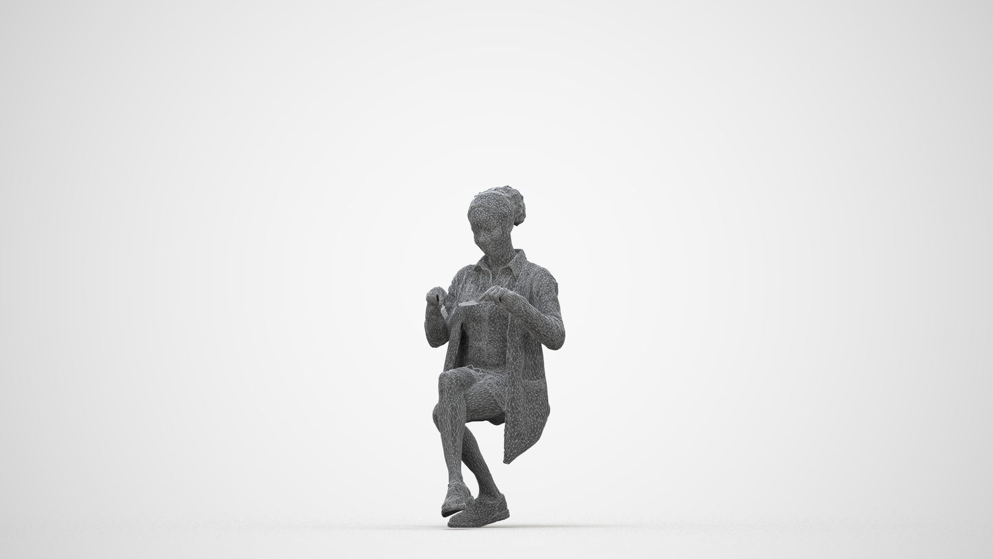 photogrammetry 3D woman casual sitting, realistic human model archviz FBX, wireframe back view