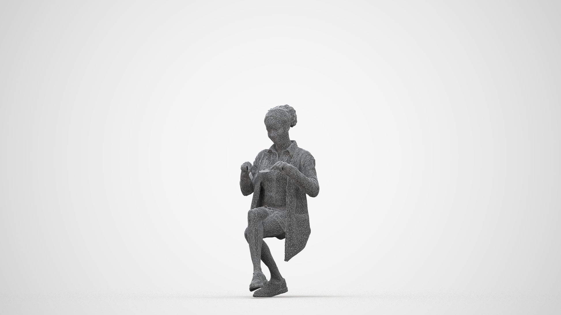 photogrammetry 3D woman casual sitting, realistic human model archviz FBX, wireframe back view