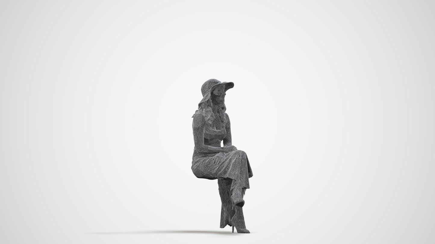 realistic 3D human woman casual sitting, archviz people FBX OBJ for Blender, wireframe side view