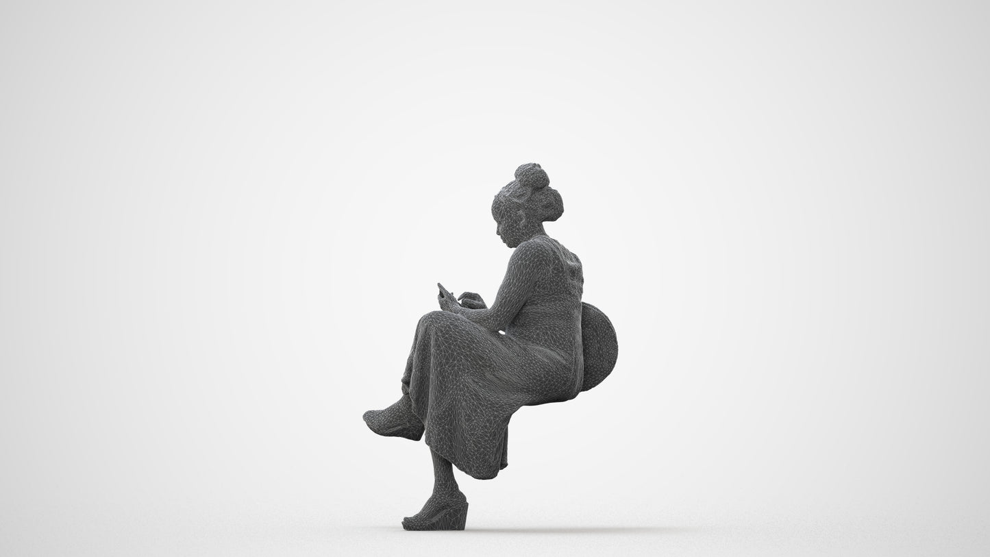 realistic 3D woman casual sitting, scanned archviz people for Blender and 3ds Max, square thumbnail