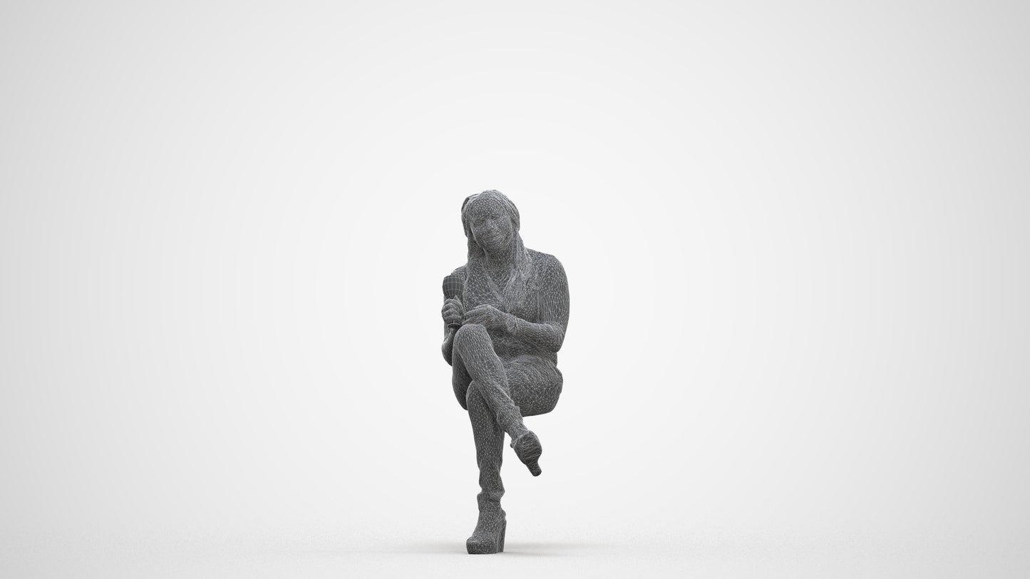 3D human model woman casual sitting, photogrammetry scanned person for archviz, three-quarter front view render