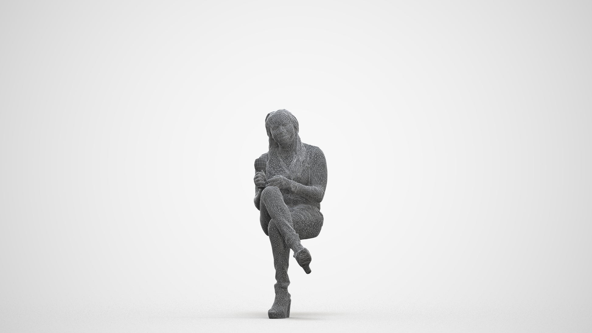 3D human model woman casual sitting, photogrammetry scanned person for archviz, three-quarter front view render