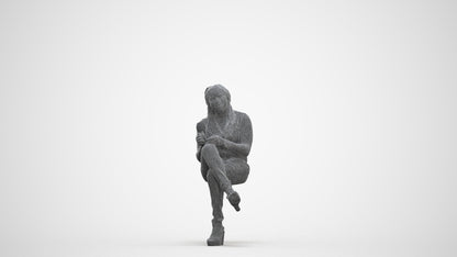 3D human model woman casual sitting, photogrammetry scanned person for archviz, three-quarter front view render