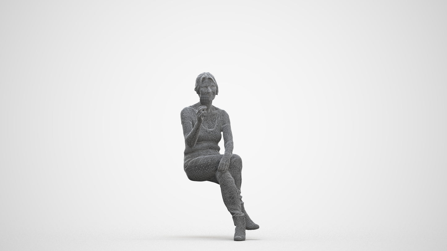 realistic 3D people senior woman casual sitting, render-ready for V-Ray and Corona, FBX OBJ, three-quarter front view render