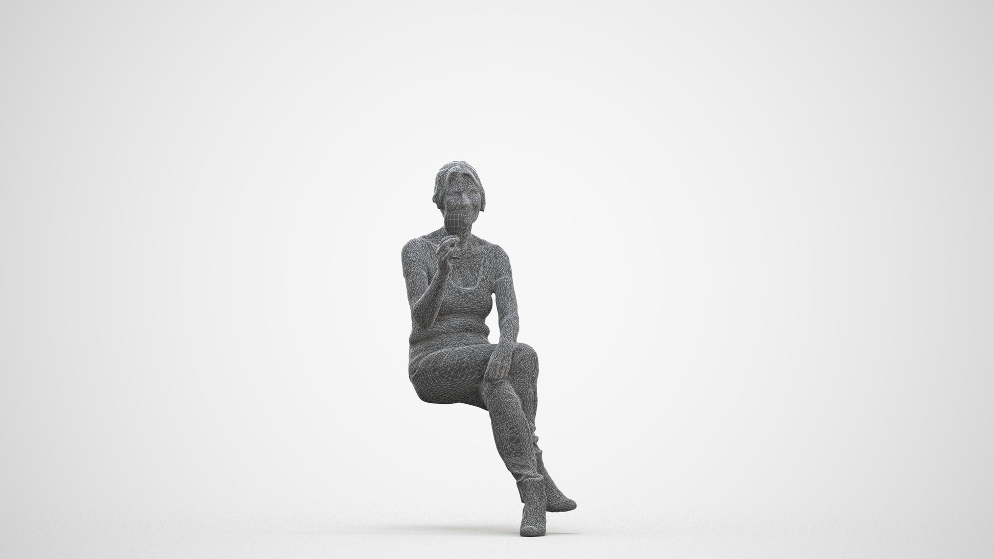 realistic 3D people senior woman casual sitting, render-ready for V-Ray and Corona, FBX OBJ, three-quarter front view render