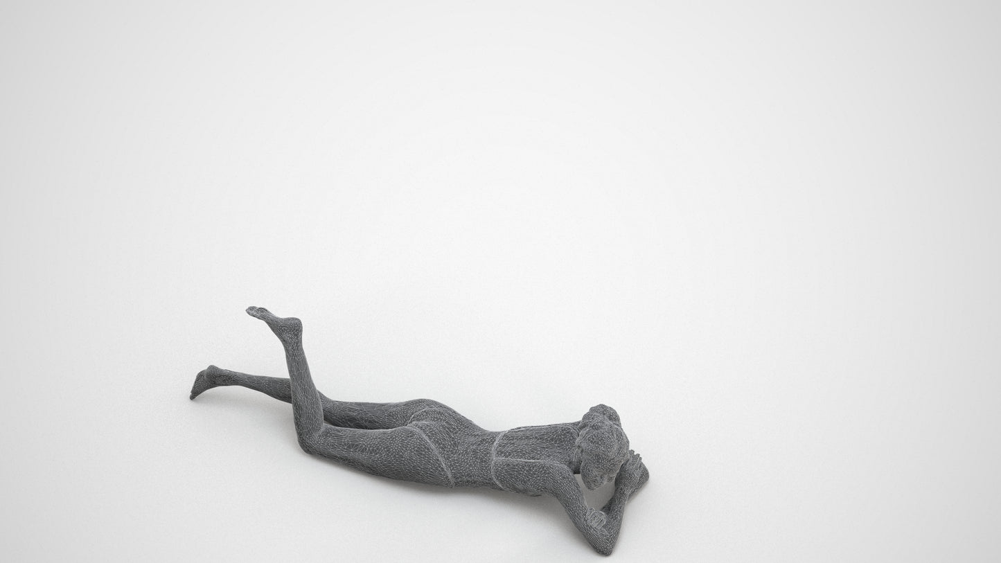 3D human model woman casual pool, photogrammetry scanned person for archviz, wireframe three-quarter view
