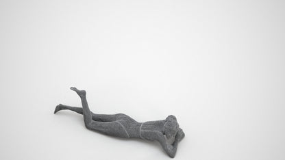 3D human model woman casual pool, photogrammetry scanned person for archviz, wireframe three-quarter view