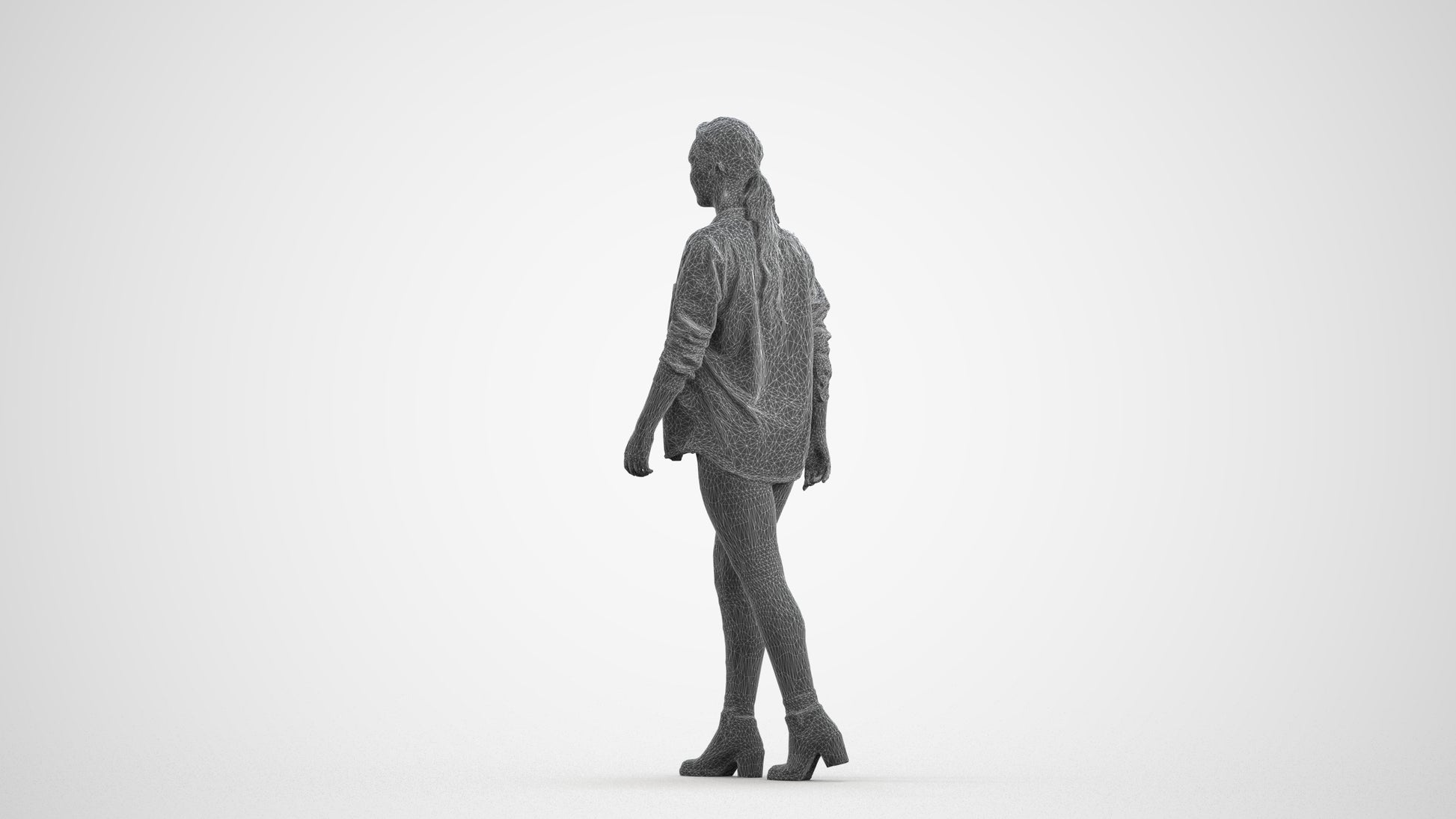 realistic 3D woman casual walking, scanned archviz people for Blender and 3ds Max, wireframe front view