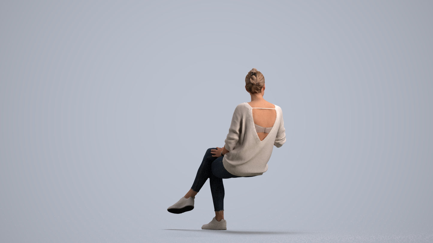 scanned 3D woman casual sitting, photogrammetry people for Enscape and V-Ray, front view render