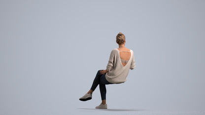 scanned 3D woman casual sitting, photogrammetry people for Enscape and V-Ray, front view render