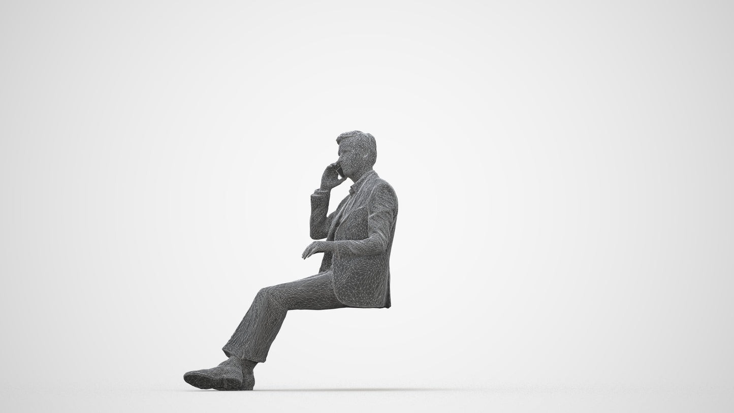 3D human model man business sitting, photogrammetry scanned person for archviz, wireframe back view