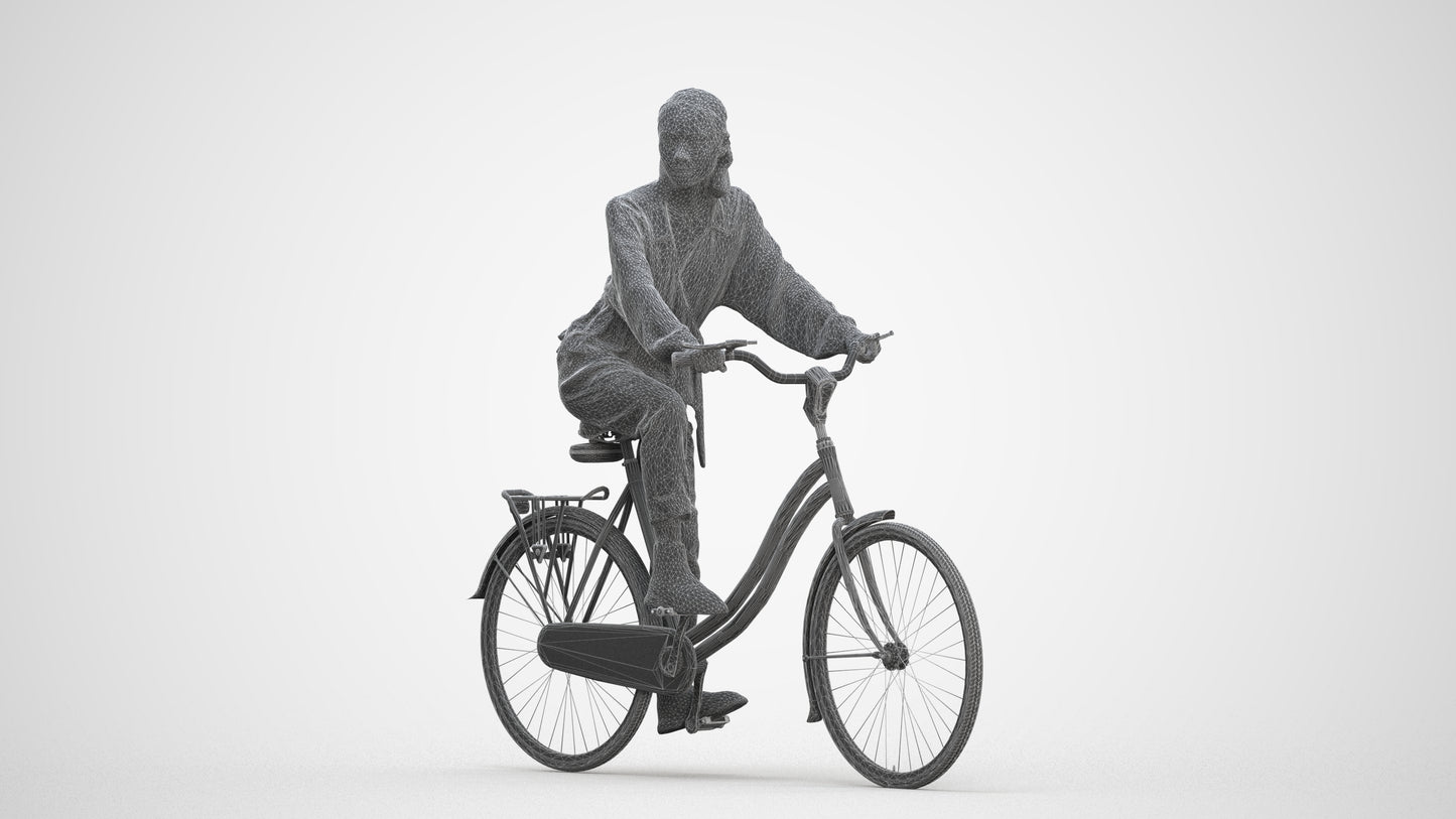3D human model woman casual cycling, photogrammetry scanned person for archviz, three-quarter front view render