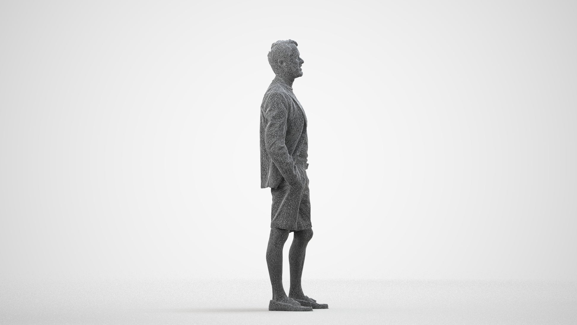 scanned 3D man business standing, photogrammetry people for Enscape and V-Ray, wireframe side view
