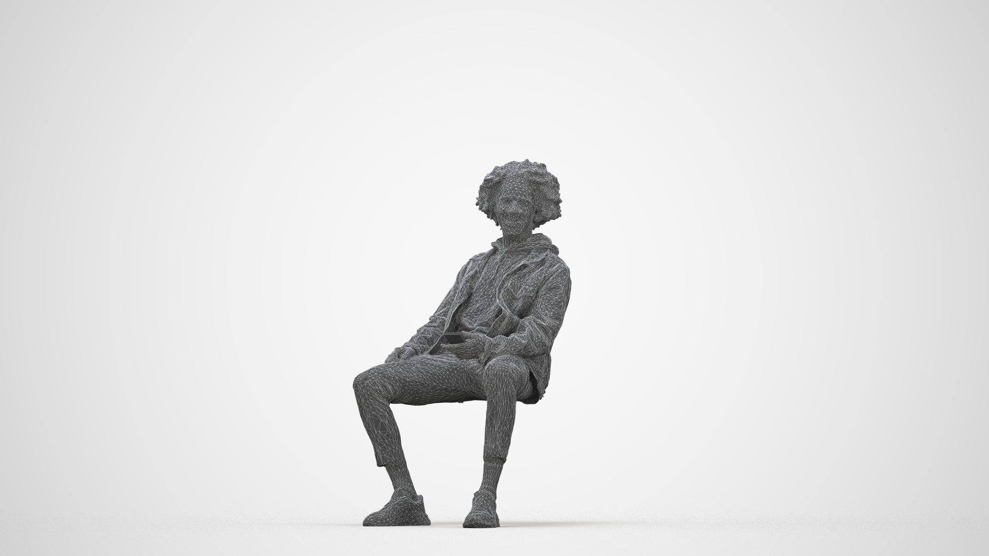 3D people model man casual sitting, scanned human for 3ds Max rendering, wireframe back view