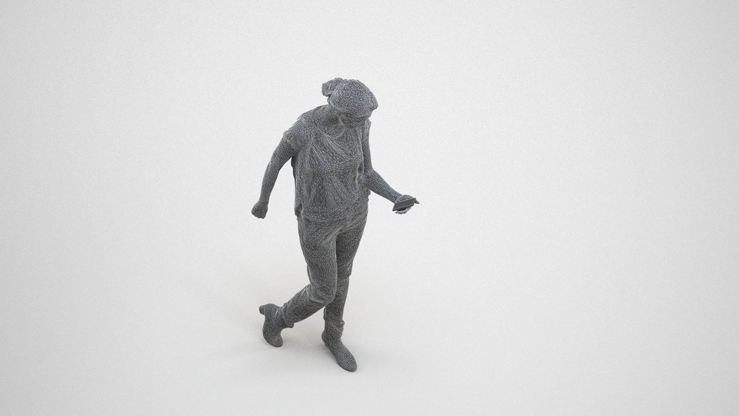 3D scanned woman standing casual, photorealistic archviz people for Enscape and SketchUp, wireframe three-quarter view