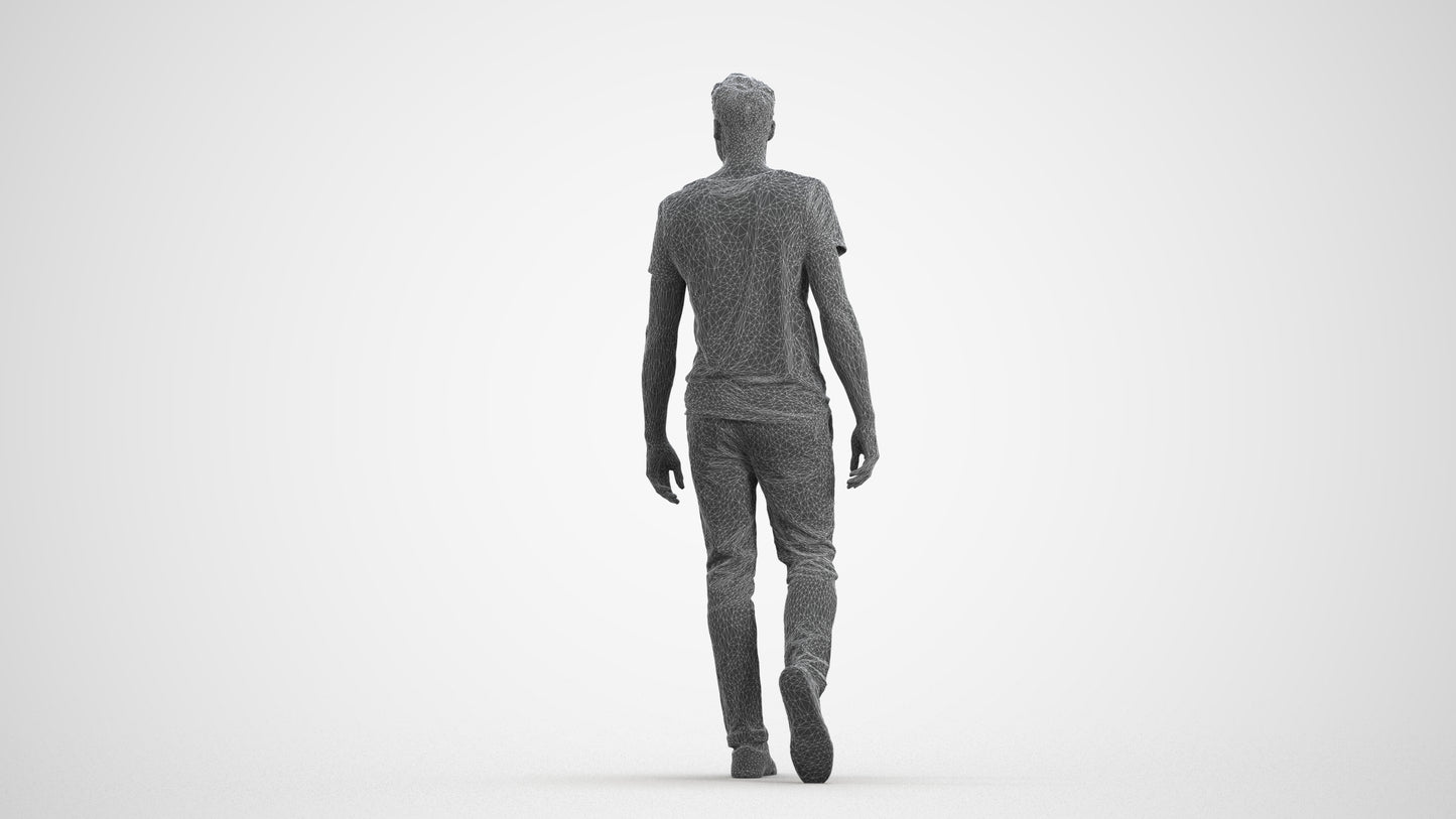 3D human model man casual walking, photogrammetry scanned person for archviz, wireframe front view