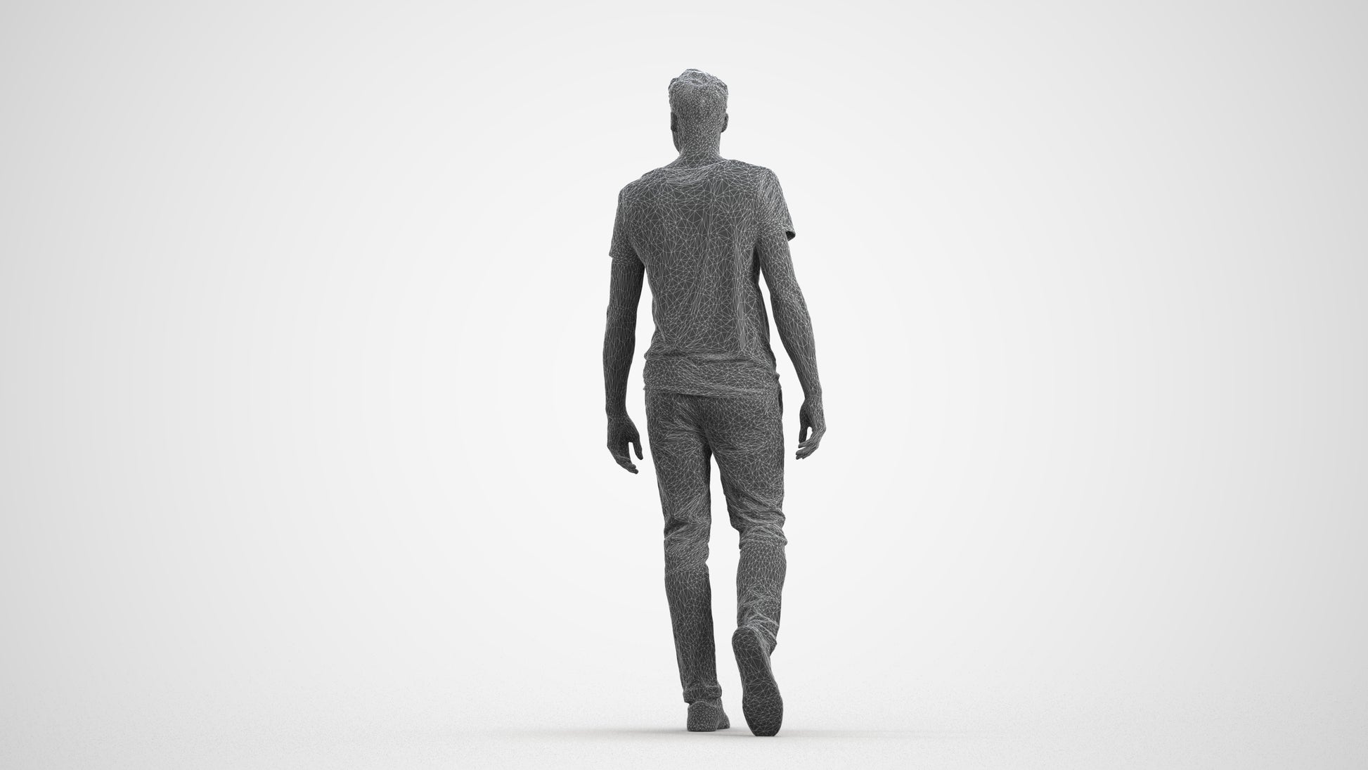 3D human model man casual walking, photogrammetry scanned person for archviz, wireframe front view