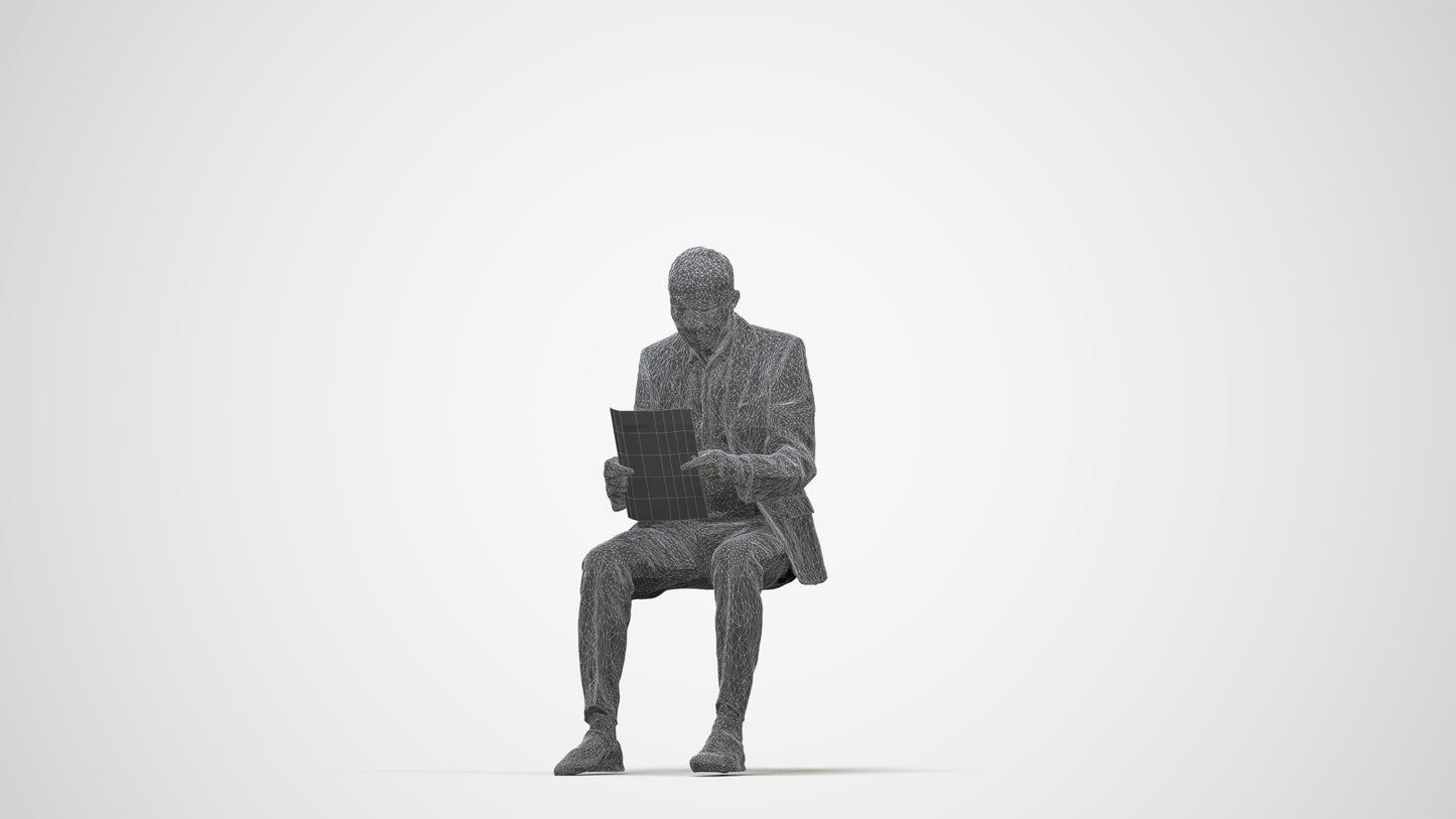 scanned 3D senior man business sitting, photogrammetry people for Enscape and V-Ray, wireframe back view