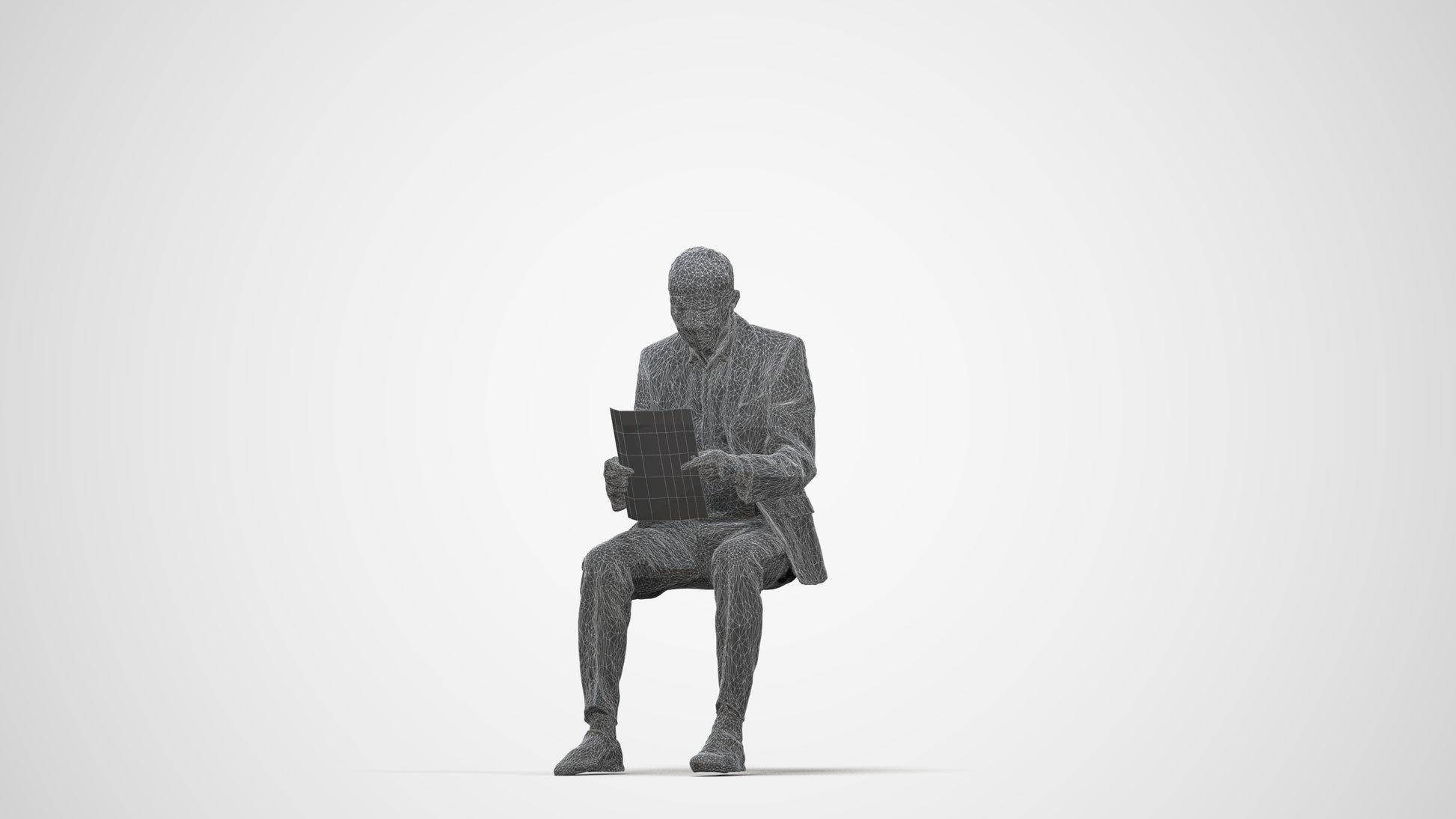 scanned 3D senior man business sitting, photogrammetry people for Enscape and V-Ray, wireframe back view